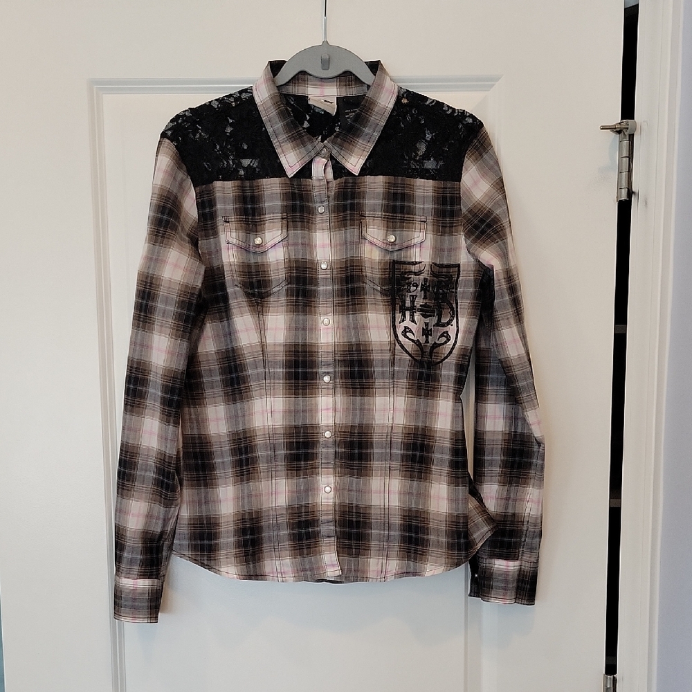 Harley Davidson Women's Plaid Lace Snap Pearl Button Shirt Blouse In Large